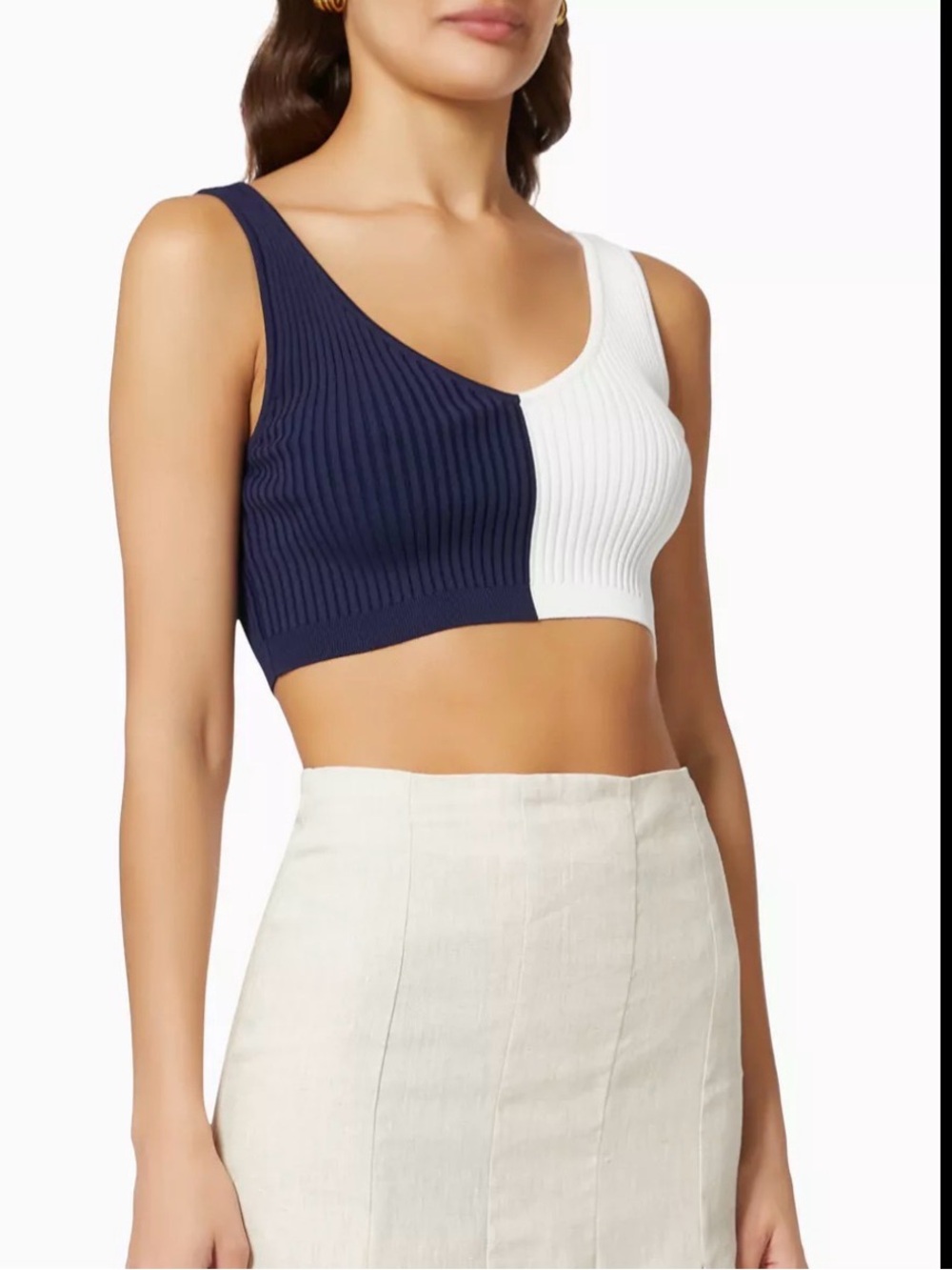 STAUD Hana Navy & White Ribbed Colorblock V-Neck Cropped Tank
